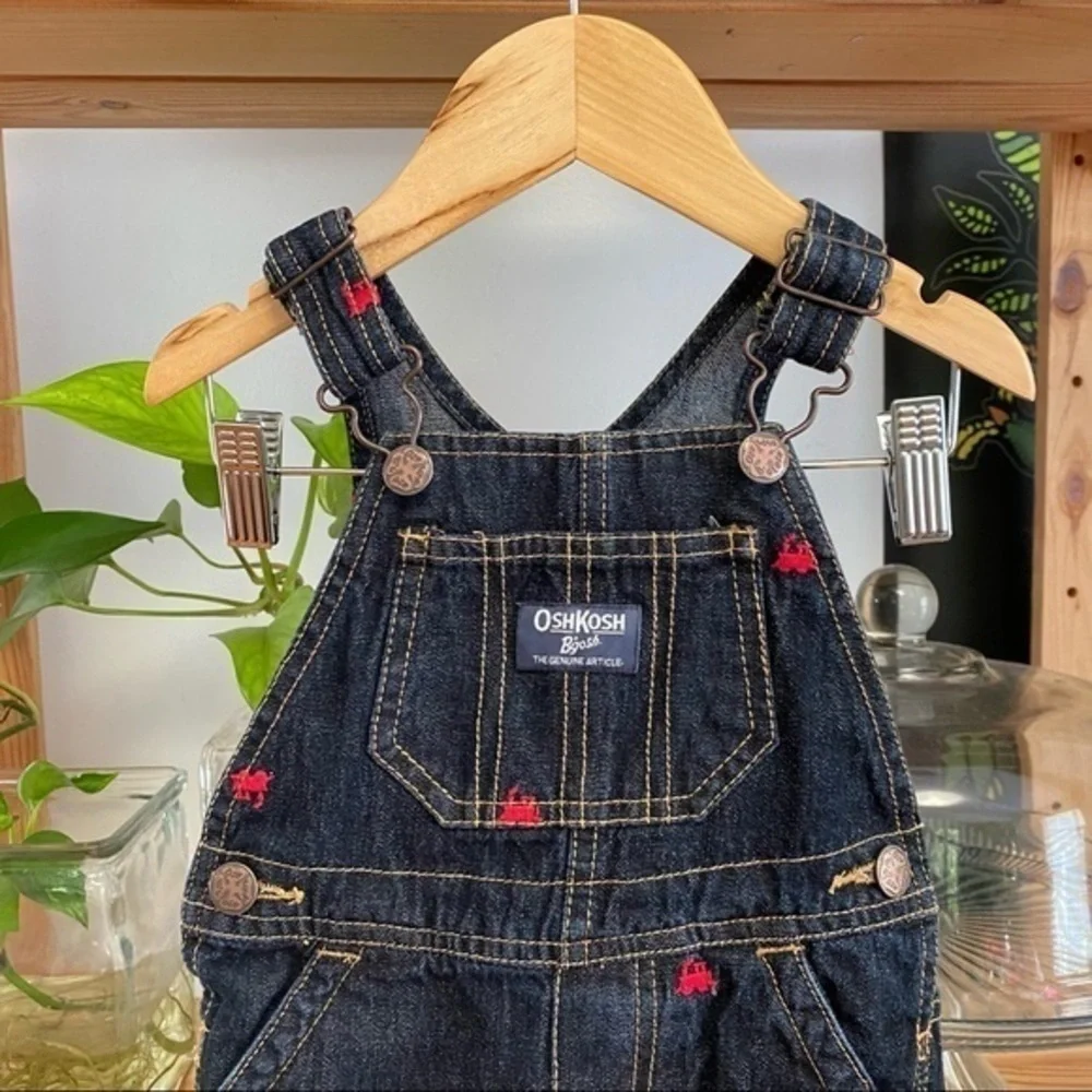OshKosh B’gosh Red Train Embroidered Denim Overall Bibs 12 months